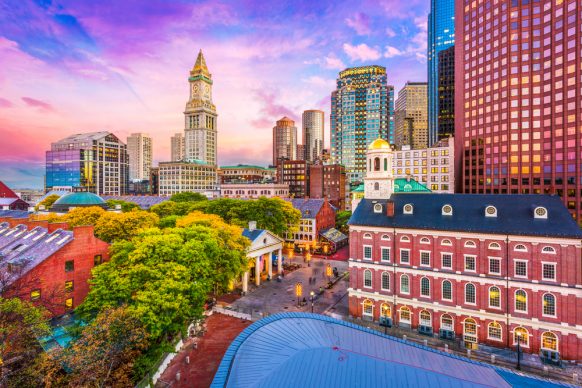 Historic Skyline at dusk Boston Massachusetts USA