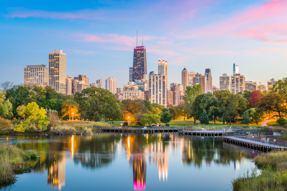 Downtown skyline from Lincoln Park, Chicago, Illinois USA