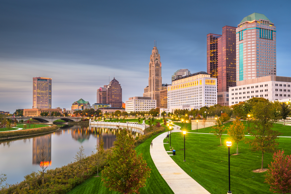 Skyline on the river at dusk Columbus Ohio USA