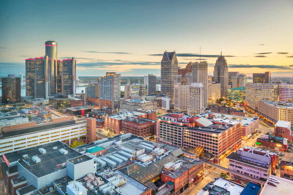 Downtown skyline from above at dusk Detroit Michigan USA