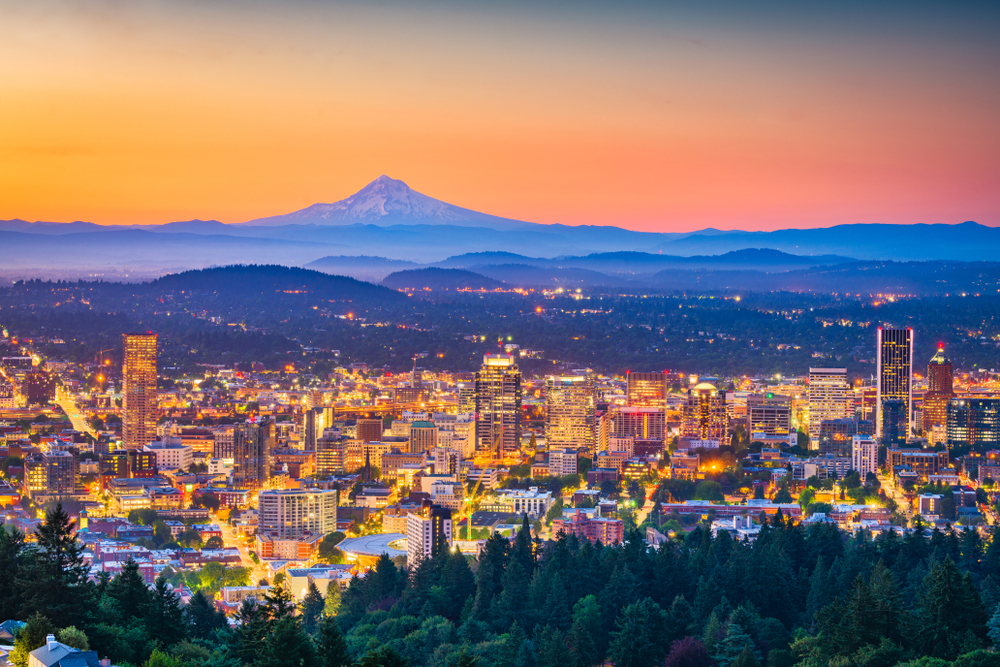 Skyline at dusk with Mt. Hood in the distance Portland Oregon USA
