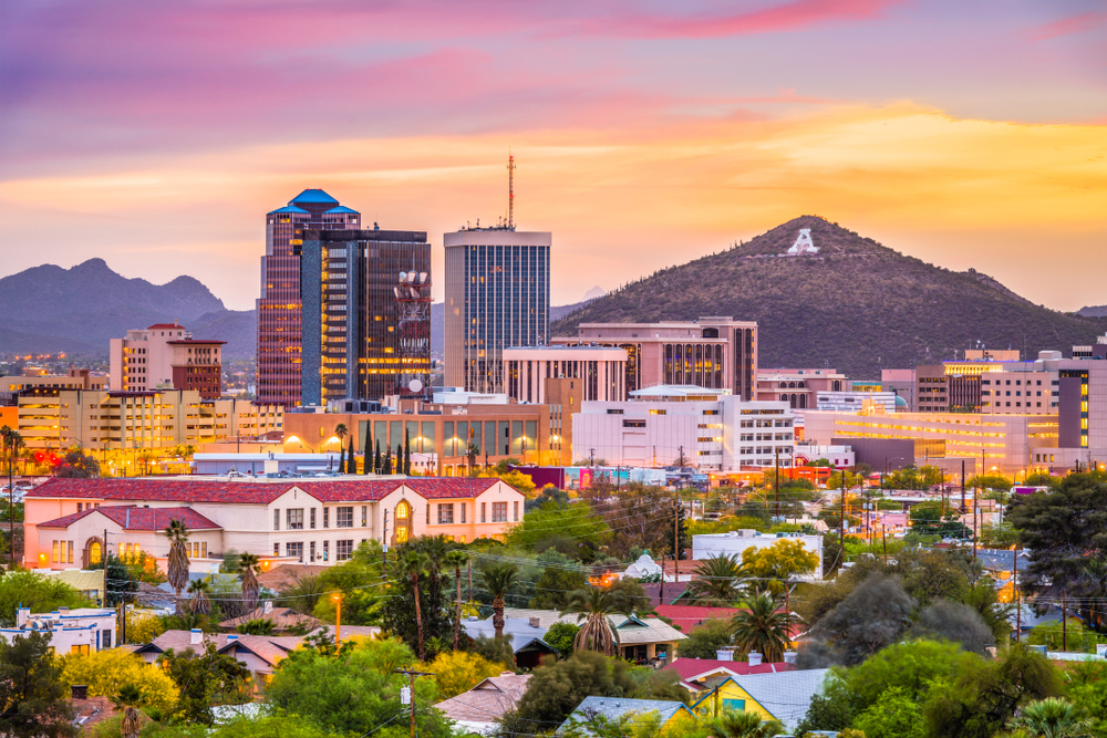 Downtown skyline with Sentinel Peak at dusk Tucson Arizona USA