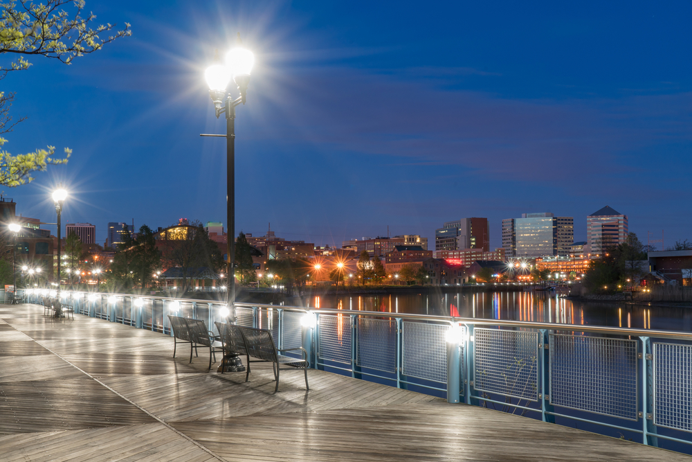 Skyline along the Riverfront at night along the Christiana River Wilmington Delaware