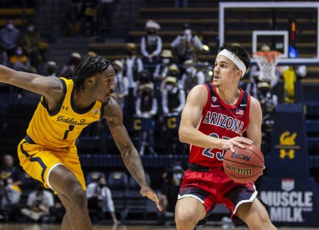 Basketball player looks to pass the ball during a game