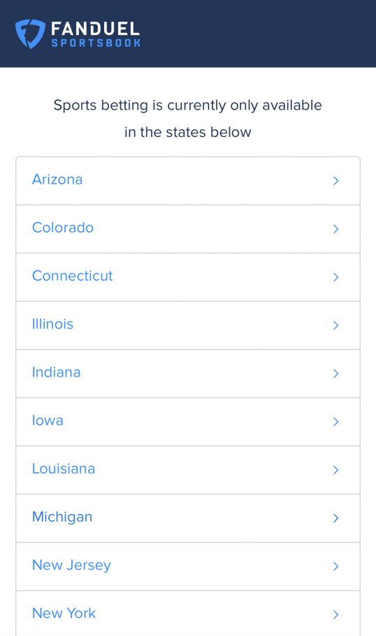 Fanduel Sportsbook List of the state mobile app view
