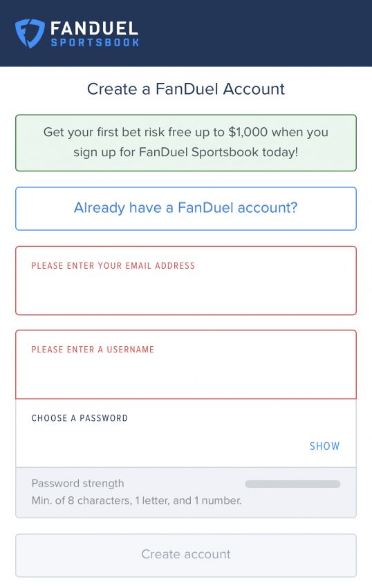 Fanduel Sportsbook Create an account page mobile app view
