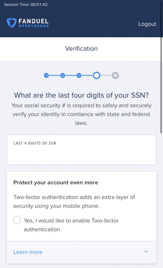 Fanduel Sportsbook Verification page mobile app view
