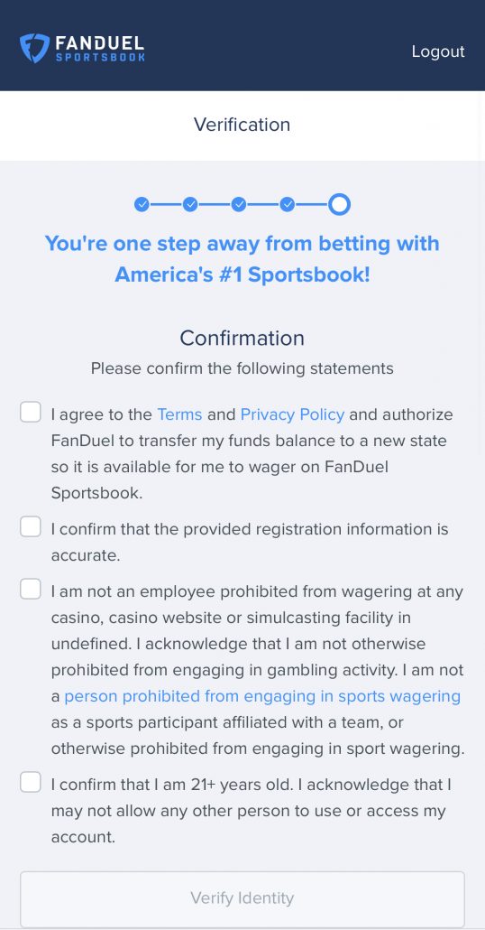 Fanduel Sportsbook Verification page mobile app view