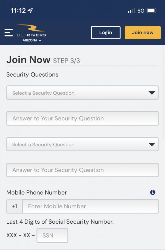 Bet Rivers Arizona Join Now Security Questions Step mobile app view