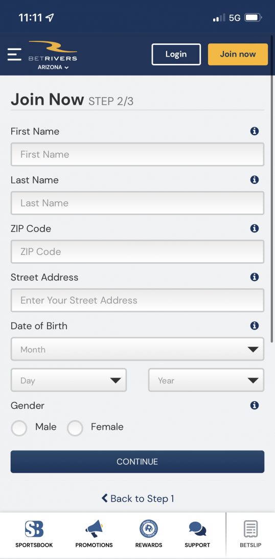 Bet Rivers Arizona Join Now Personal Data Step mobile app view