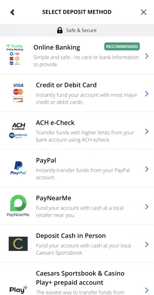 Caesars Sportsbook Banking page mobile app view