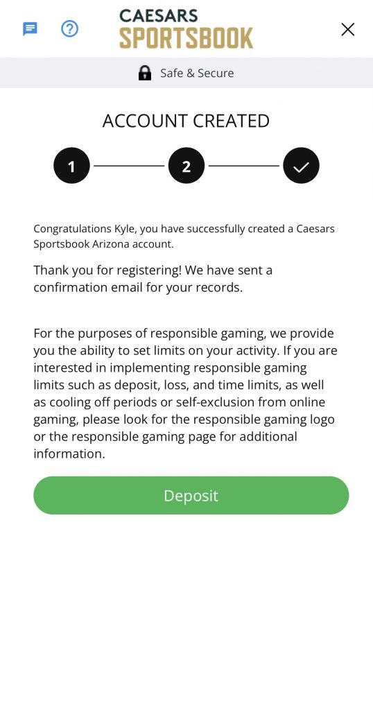 Caesars Sportsbook message after creating the account mobile app view