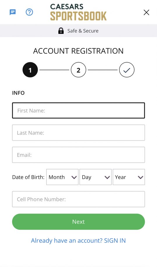 Caesars Sportsbook registration page mobile app view