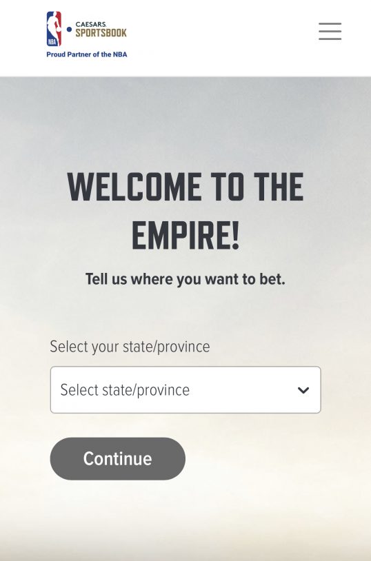 Caesars Sportsbook welcome message mobile app view