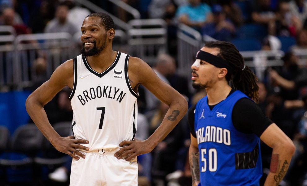 Two basketball players talk after the match end