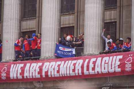 Nottingham Forest players and the fans celebrate promotion to the Premier League in Old Market Square, Nottingham