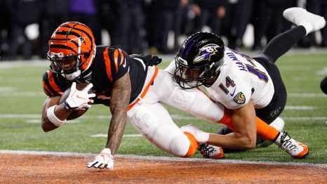 American football player scores a touch down