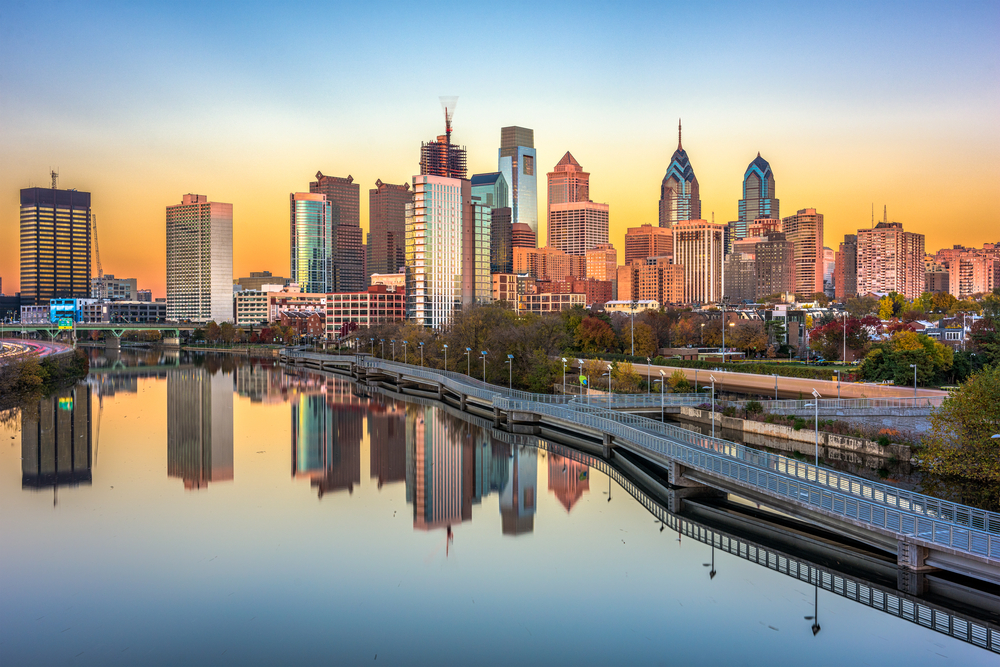 Philadelphia skyline at night with the Schuylkill river