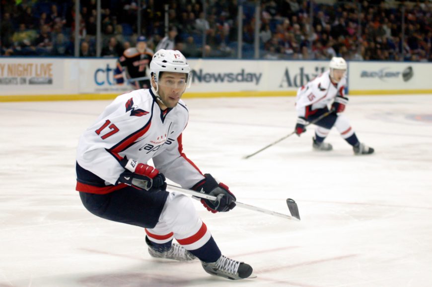 Two ice hockey players during a game