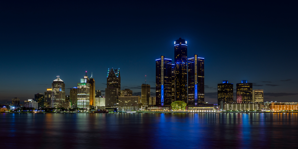 Detroit, Michigan skyline at night shot from Windsor, Ontario