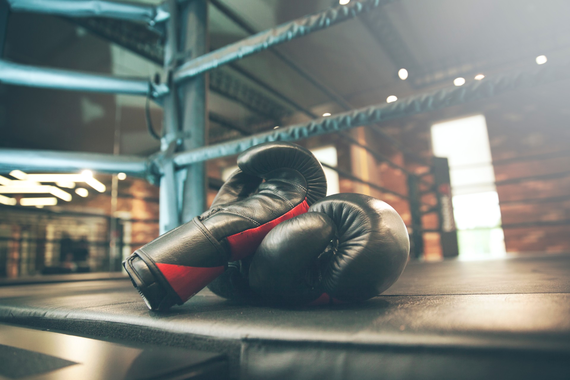 A pair of boxing gloves down in the ring corner