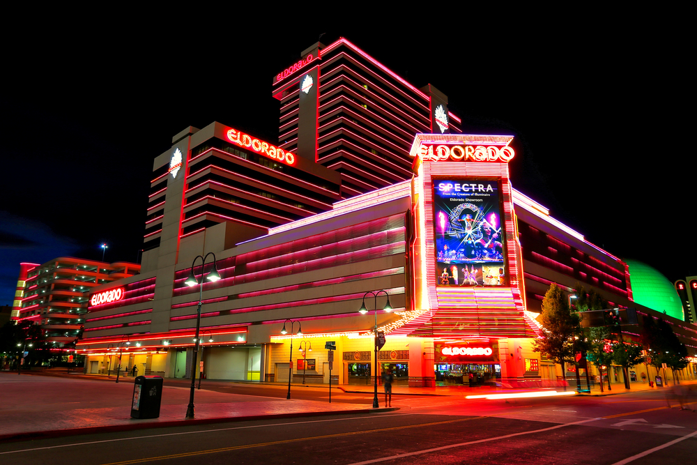 Eldorado hotel and casino at night in Reno, USA