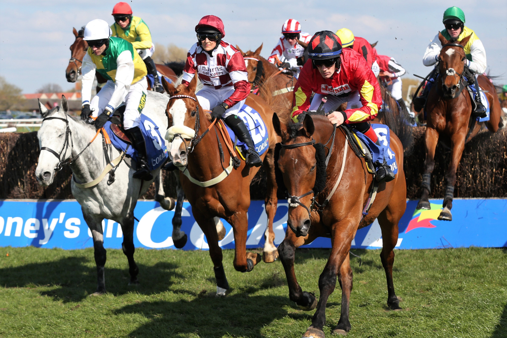 Horses jump the last fence on the first circuit of the Scottish Grand National