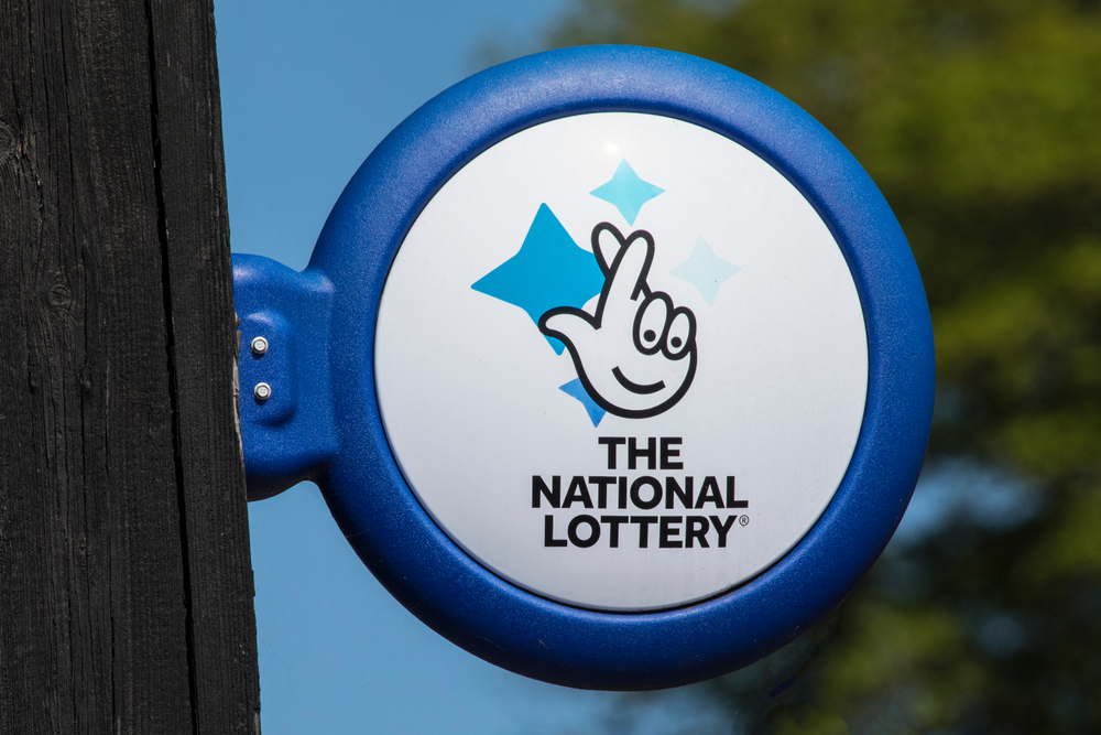 Close-up of The National lottery Sign, on display outside a newsagents