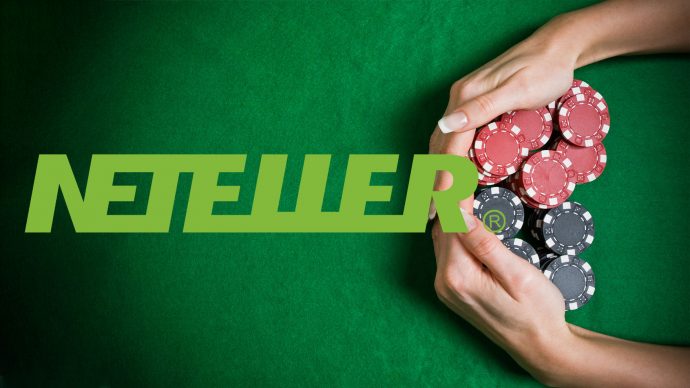 Neteller Logo and two hands with red and black casino chips