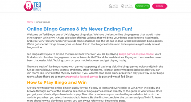 Ted Bingo how to play bingo page desktop view