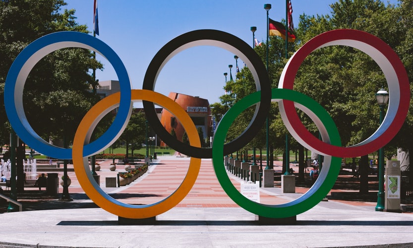 Olympic Circles and Japan Olympic Stadium