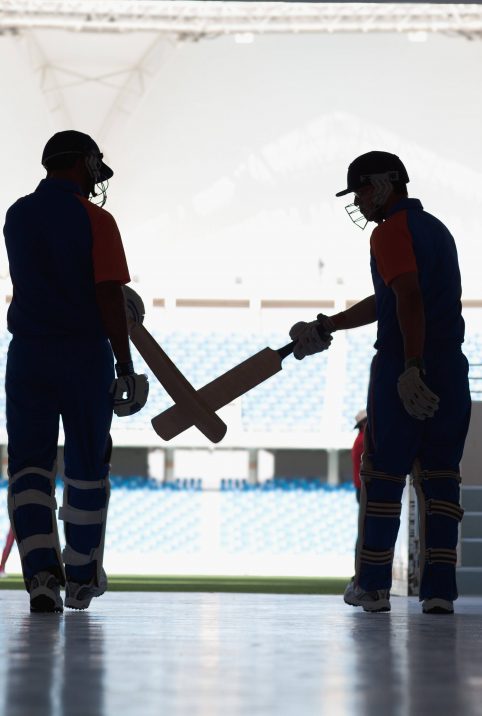 Cricket batsmen entering ground.