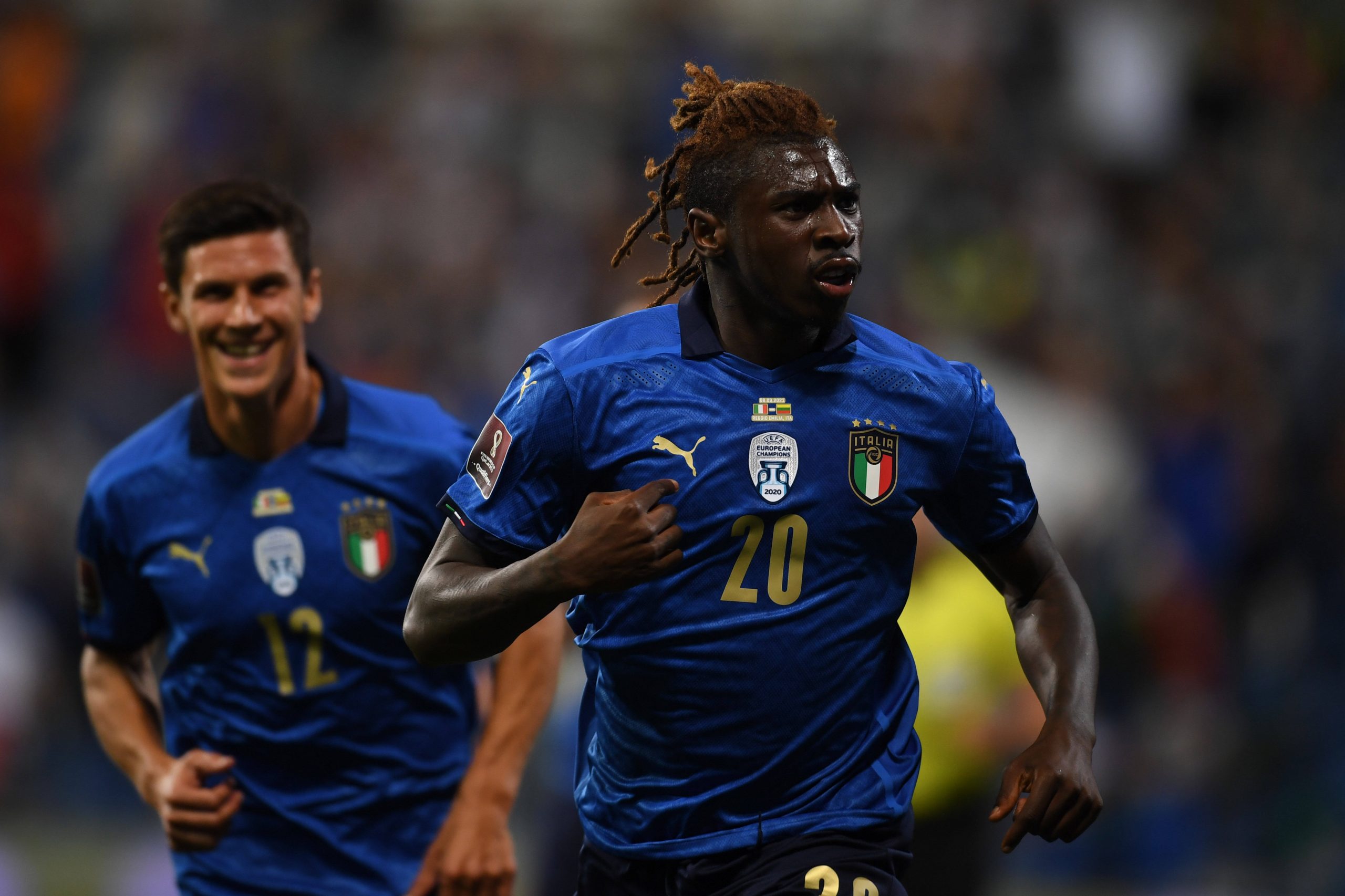 A football player celebrates after scoring a goal during a game