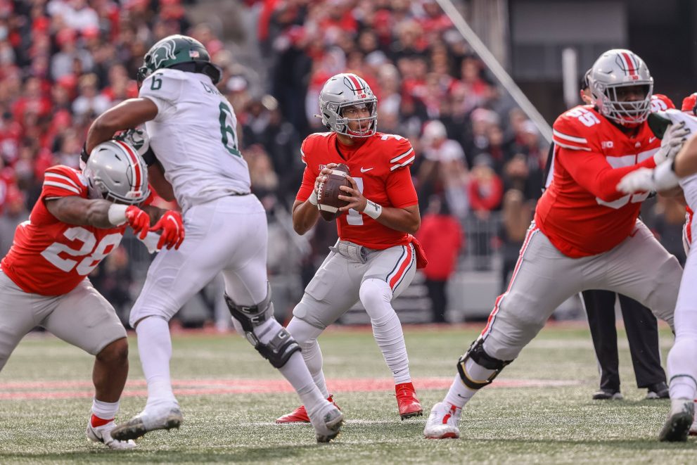 An american football player drops back to pass during a game