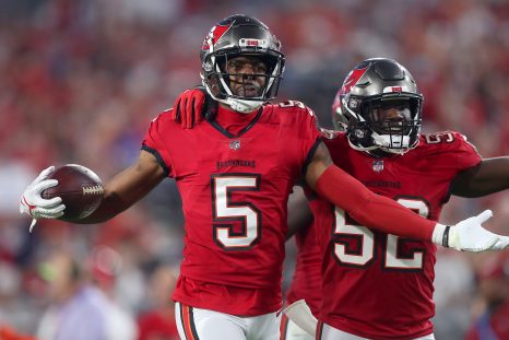 American football player intercepts a pass and celebrates with a teammate