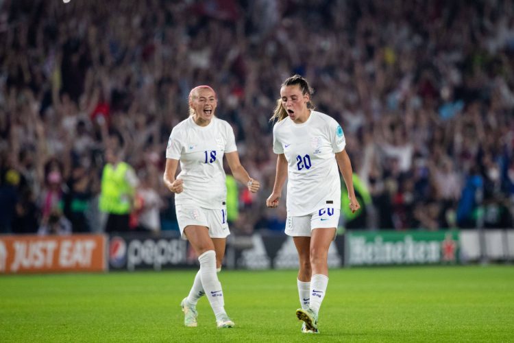 Chloe Kelly and Elly Toone celebrate during a football match