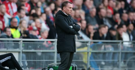 Brendan Rodgers watches from the sidelines at the Conference League quarterfinal match between PSV and Leicester City FC on 14 April 2022.