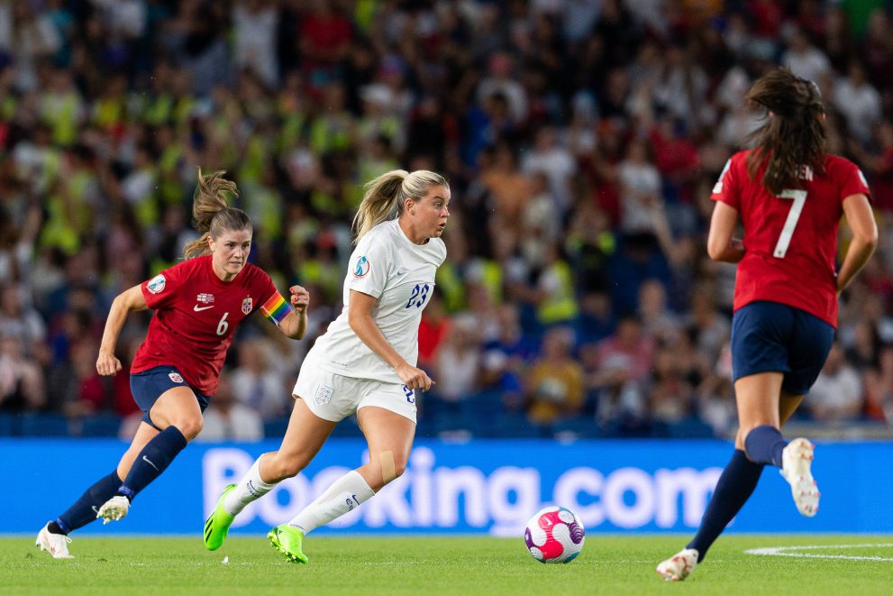 Maren Mjelde of Norway and Alessia Russo of England during the UEFA Women's Euro 2022 group stage match between England and Norway on 11 July 2022.